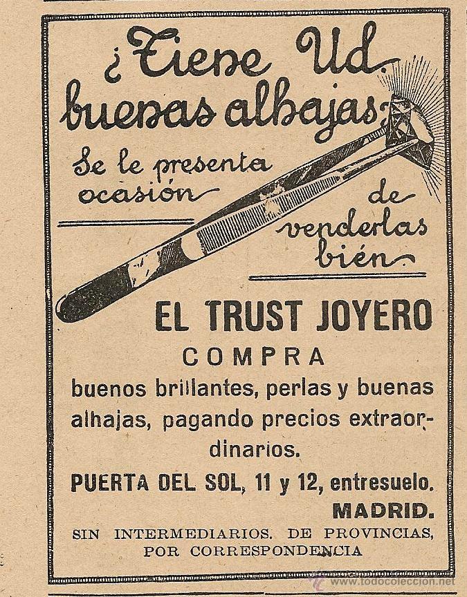 Coleccionismo de Revistas y Peri&oacute;dicos: Publicidad alhajas El Trust Joyero - 1920