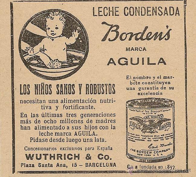 Coleccionismo de revistas y peri&oacute;dicos: Publicidad leche condensada Bordens marca &Aacute;guila - 1920