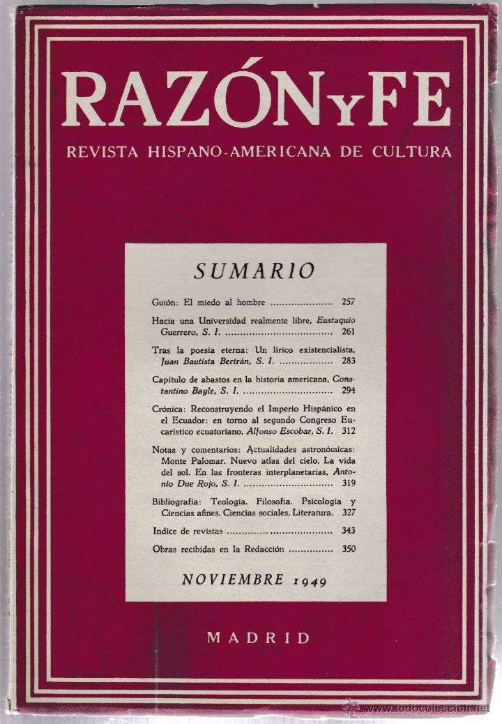 Collezionismo di Riviste e Giornali: Raz&oacute;n y Fe. Revista Hispano-Americana de Cultura. Noviembre 1949