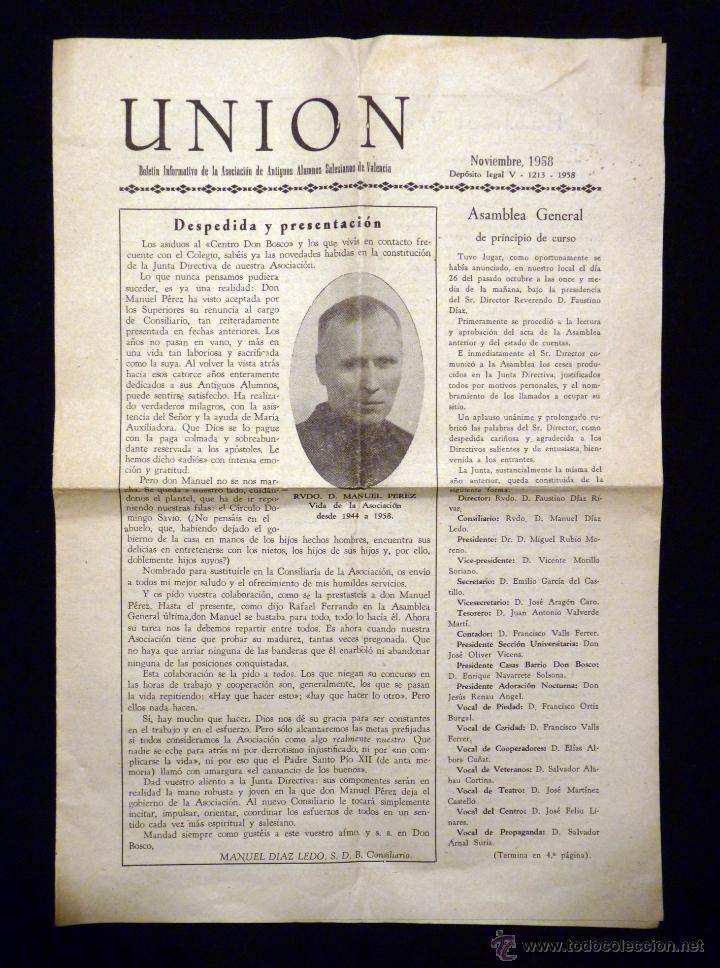 Collezionismo di Riviste e Giornali: UNI&Oacute;N. BOLETIN INFORMATIVO ASOCIACI&Oacute;N ANTIGUOS ALUMNOS SALESIANOS VALENCIA. 1958