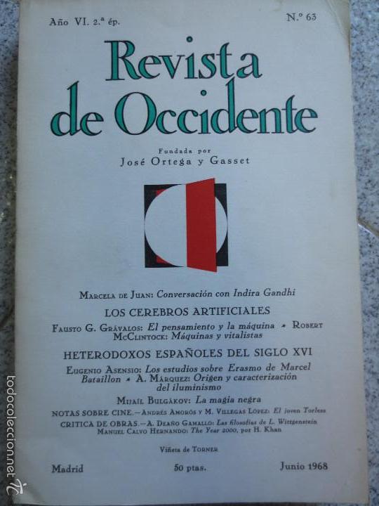 Coleccionismo de revistas y peri&oacute;dicos: REVISTA DE OCCIDENTE JOS&Eacute; ORTEGA Y GASSET A&Ntilde;O VI N&ordm; 63 JUNIO 1968
