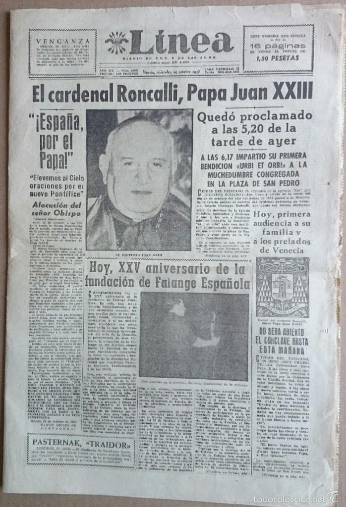 Coleccionismo de revistas y peri&oacute;dicos: L&iacute;nea n&ordm; 6075, 29 oct 1958. Proclamaci&oacute;n del Papa Juan XXIII, XXV Aniversario de Falange Espa&ntilde;ola...