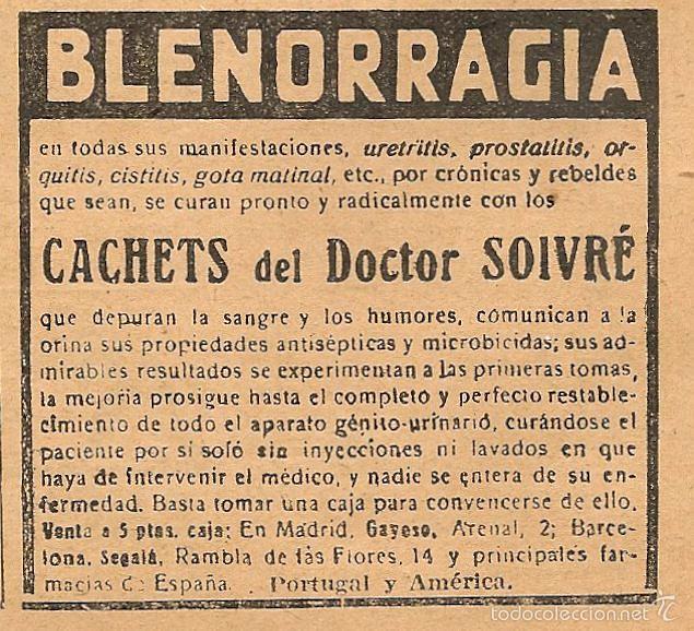 Coleccionismo de Revistas y Peri&oacute;dicos: Publicidad cachets del Doctor Soivr&eacute; contra la blenorragia - 1921