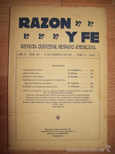 Sammeln von Zeitschriften und Zeitungen: RAZ&Oacute;N Y FE : Revista Quincenal Hispano Americana. A&ntilde;o 27 ; N&ordm; 318 ; 25 de febrero de 1927