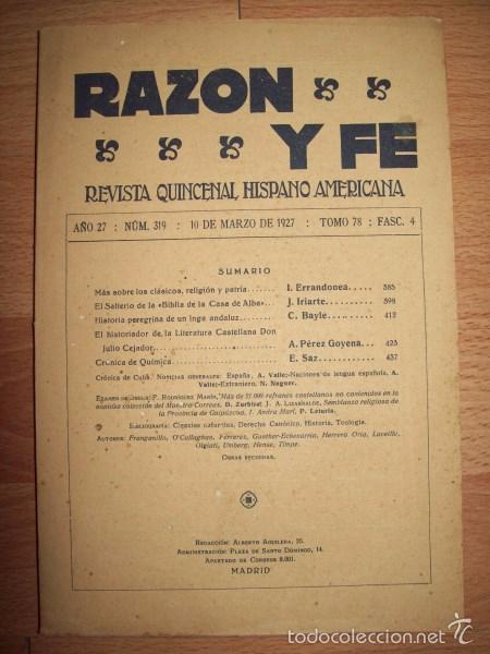Collectionnisme de Revues et Journaux: RAZ&Oacute;N Y FE : Revista Quincenal Hispano Americana. A&ntilde;o 27 ; N&ordm; 319 ; 10 de marzo de 1927