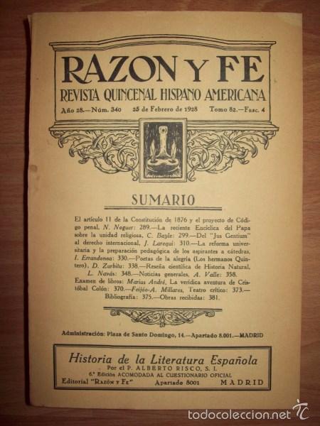 Colecionismo de Revistas e Jornais: RAZ&Oacute;N Y FE : Revista Quincenal Hispano Americana. A&ntilde;o 28 ; N&ordm; 340 ; 25 de febrero de 1928