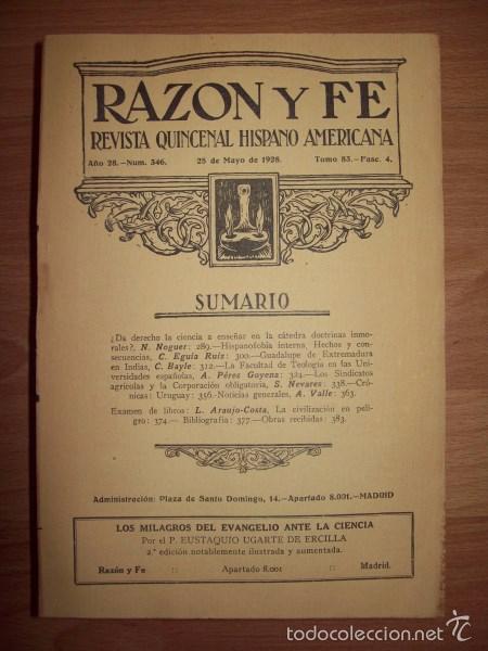 Colecionismo de Revistas e Jornais: RAZ&Oacute;N Y FE : Revista Quincenal Hispano Americana. A&ntilde;o 28 ; N&ordm; 346 ; 25 de mayo de 1928