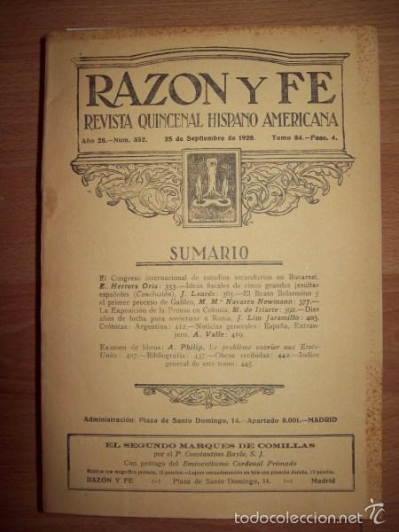 Colecionismo de Revistas e Jornais: RAZ&Oacute;N Y FE : Revista Quincenal Hispano Americana. A&ntilde;o 28 ; N&ordm; 352 ; 25 de septiembre de 1928