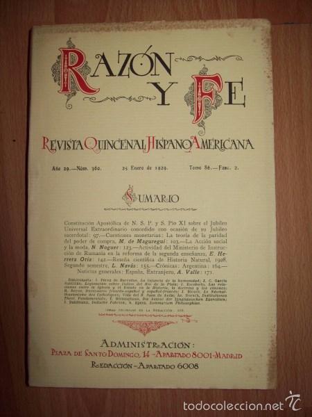Colecionismo de Revistas e Jornais: RAZ&Oacute;N Y FE : Revista Quincenal Hispano Americana. A&ntilde;o 29 ; N&ordm; 360 ; 25 de enero de 1929