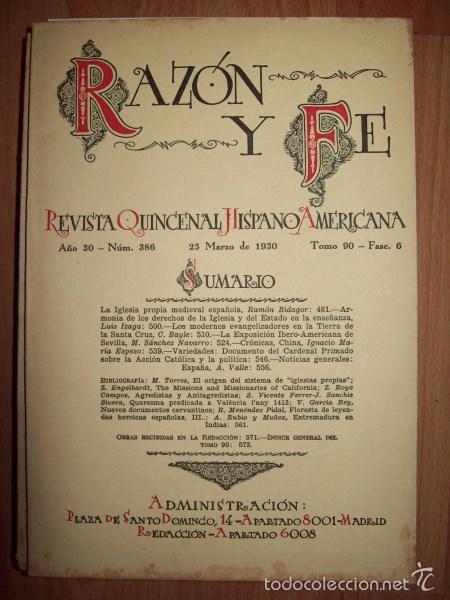 Sammeln von Zeitschriften und Zeitungen: RAZ&Oacute;N Y FE : Revista Quincenal Hispano Americana. A&ntilde;o 30 ; N&ordm; 386 ; 25 de marzo de 1930 ; Tomo 90