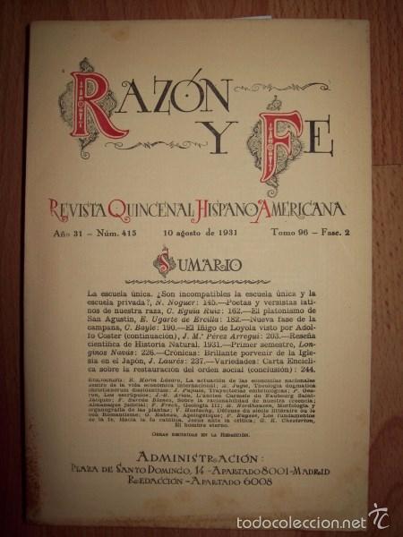 Sammeln von Zeitschriften und Zeitungen: RAZ&Oacute;N Y FE : Revista Quincenal Hispano Americana. A&ntilde;o 31 ; N&ordm; 415 ; 10 de agosto de 1931