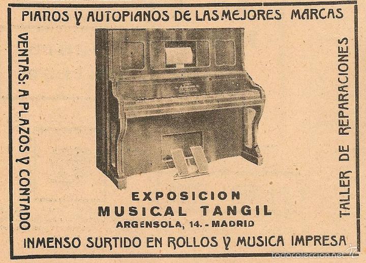 Collectionnisme de Revues et Journaux: Publicidad pianos y autopianos exposici&oacute;n Musical Tangil - 1921