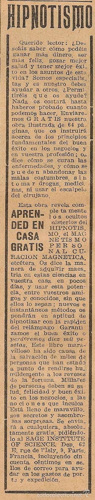 Coleccionismo de Revistas y Peri&oacute;dicos: Publicidad ense&ntilde;anzas de hipnotismo del Sage Institute of Science  - 1921