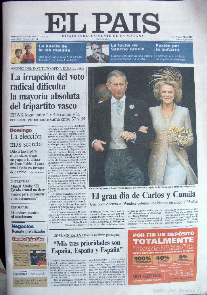 Colecionismo de Revistas e Jornais: PERI&Oacute;DICO EL PAIS CARLOS DE INGLATERRA  SE CASA CON CAMILA PARKER - SANCHO GRACIA