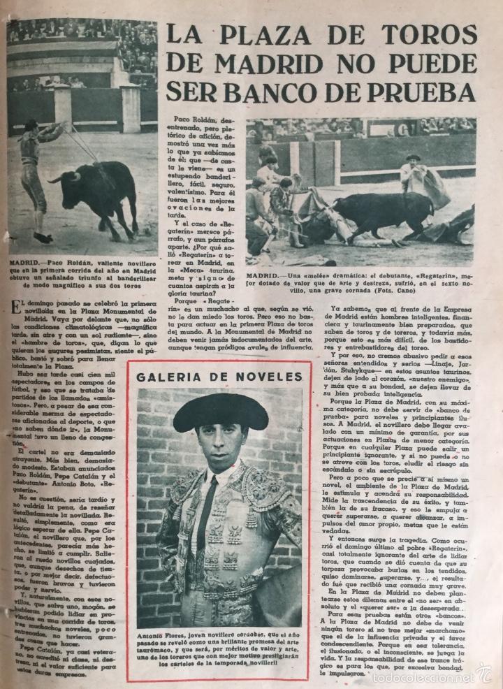 Coleccionismo de Revistas y Peri&oacute;dicos: Plaza de Toros de Madrid. Art&iacute;culo de peri&oacute;dico, 1948. Paco Roldan, Antonio Flores. 34x24