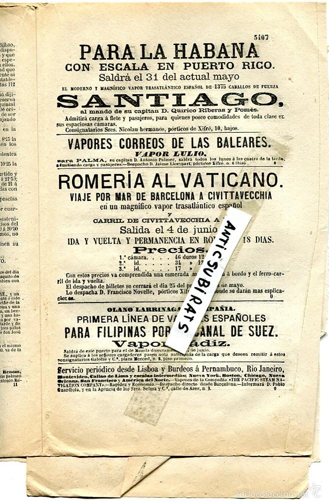 Coleccionismo de Revistas y Peri&oacute;dicos: DIARIO DE BARCELONA A&Ntilde;O 1877 VAPOR BARCO A AMERICA CUBA HABANA PILIPINAS POR EL CANAL DE SUEZ RIO