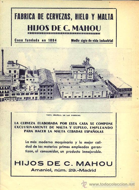 Coleccionismo de revistas y peri&oacute;dicos: Publicidad f&aacute;brica de cerveza hielo y malta Hijos de C. Mahou - 1935