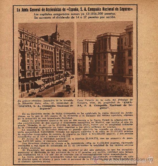 Coleccionismo de revistas y peri&oacute;dicos: Publicidad Junta general de accionistas de Espa&ntilde;a S.A. Compa&ntilde;&iacute;a Nacional de Seguros- 1935