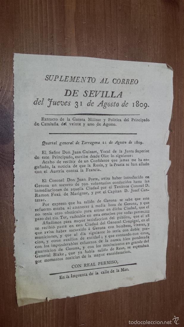 Coleccionismo de revistas y peri&oacute;dicos: Suplemento al Correo de Sevilla 1809 Coronel Don Juan Porta en Gerona un socorro de 700 voluntarios