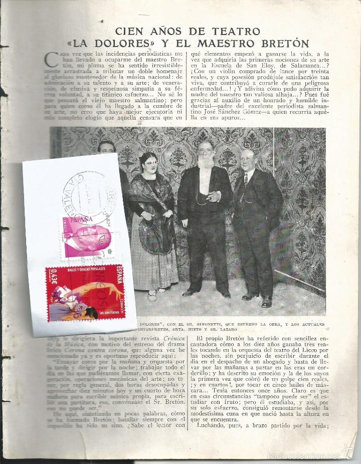 Colecionismo de Revistas e Jornais: PAGINA DESENC BLANCO Y NEGRO FEB 1923. 4 PAG. 100 A&Ntilde;OS TEATRO LA DOLORES Y EL MAESTRO BRETON