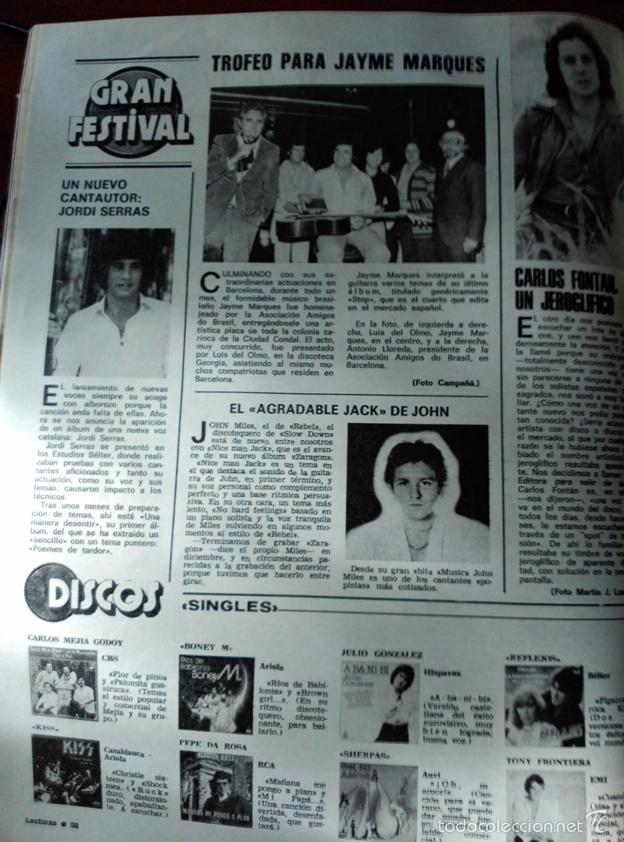 Coleccionismo de revistas y peri&oacute;dicos: recorte CARLOS FONTAN JAYME MARQUES JORDI SERRAS JOHN MILES THE KISS JULIO GONZALEZ BONEY M