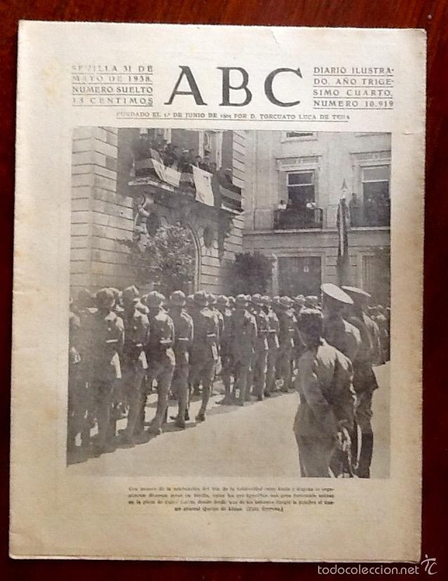 Coleccionismo de Revistas y Peri&oacute;dicos: ABC. SEVILLA 31 de mayo de 1938. SOLIDARIDAD CON ITALIA.ENVIO INCLUIDO.