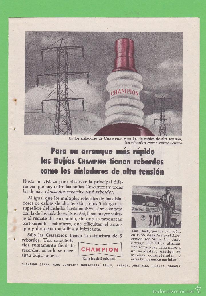 Coleccionismo de revistas y peri&oacute;dicos: PUBLICIDAD 1956. ANUNCIO BUJIAS CHAMPION - NESCAFE (REVERSO)
