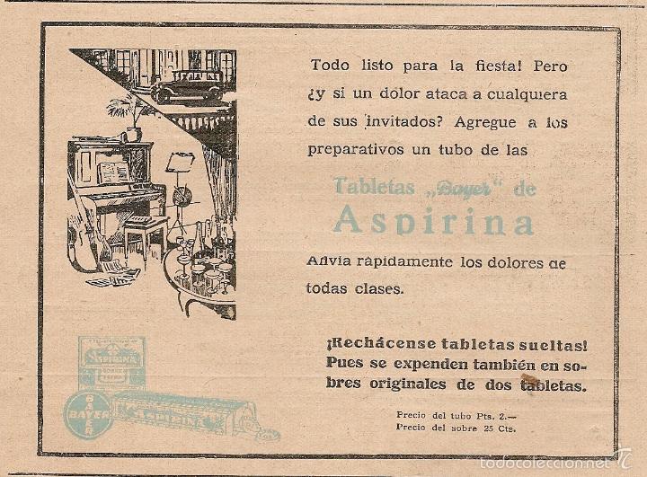 Coleccionismo de revistas y peri&oacute;dicos: Publicidad  farmacia: tabletas Bayer de Aspirina  -1927