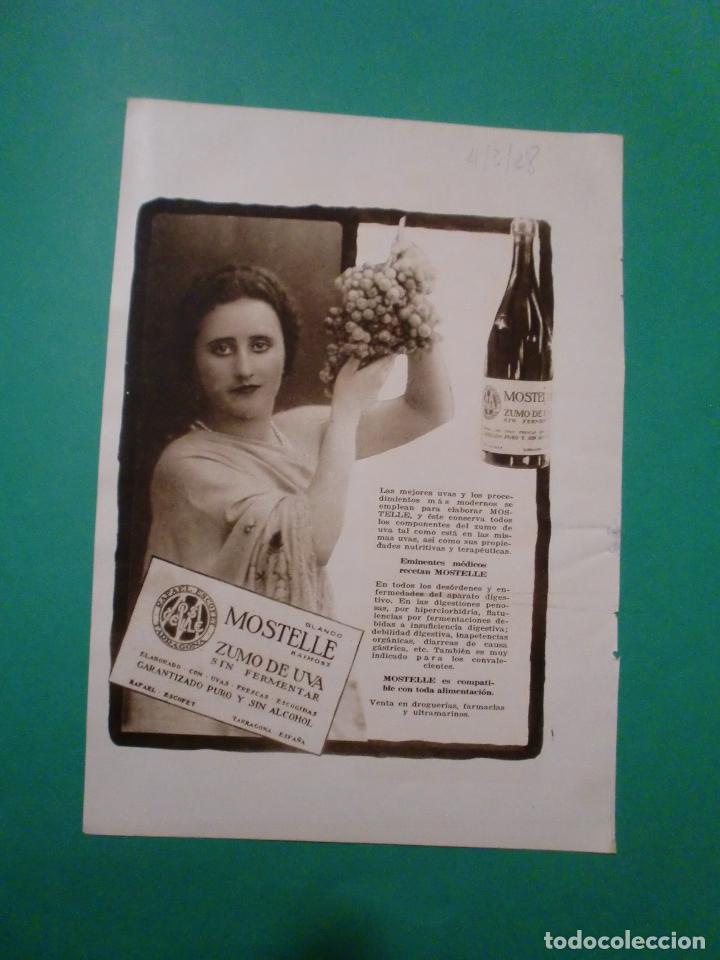 Colecionismo de Revistas e Jornais: HOJA SUELTA ORIGINAL MOSTELLE ZUMO DE UVA SIN FERMENTAR - COCKTAIL 4/3/1928