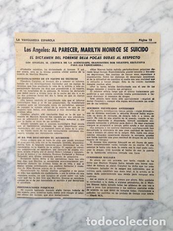 Collezionismo di Riviste e Giornali: RECORTE - SUICIDIO DE MARILYN MONROE - LA VANGUARDIA ESPA&Ntilde;OLA - 19 AGOSTO 1962