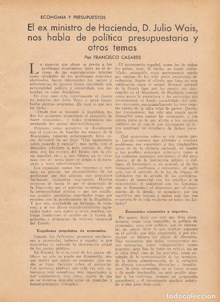 Coleccionismo de Revistas y Peri&oacute;dicos: * ECONOM&Iacute;A* Pol&iacute;tica presupuestaria, D. Julio Wais / F. Casares - 1929