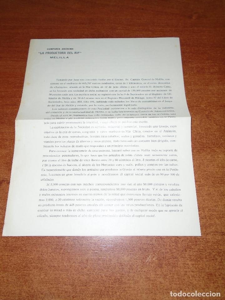 Collezionismo di Riviste e Giornali: CARTA PUBLICIDAD 1912 C&Iacute;A. LA PRODUCTORA DEL RIF, MELILLA.