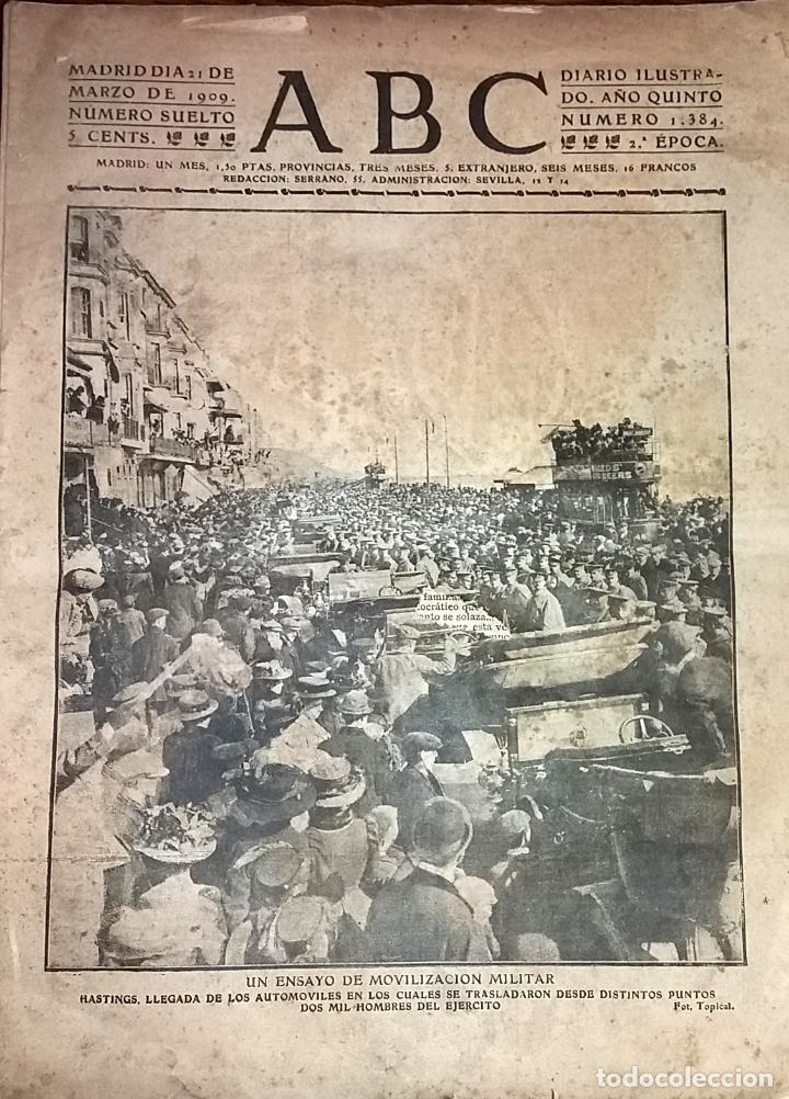 Coleccionismo de revistas y peri&oacute;dicos: DIARIO ABC 21 DE MARZO DE 1909 HASTINGS, MOVILIZACION VEHICULOS MILITARES