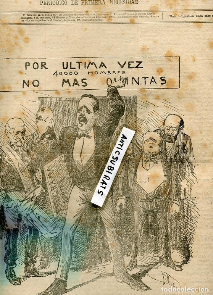 Sammeln von Zeitschriften und Zeitungen: SEMANARIO GARBANZO MADRID 1872 PROMESAS DE LOS GOBIERNOS NO MAS QUINTAS SERVICIO MILITAR CARICATURA