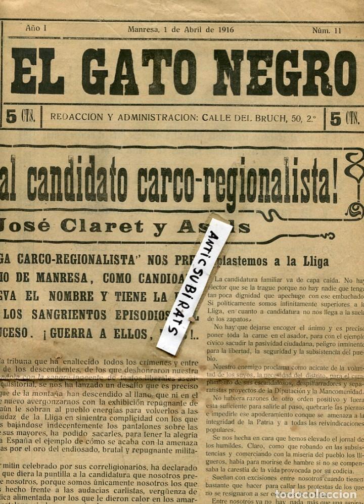 Coleccionismo de revistas y peri&oacute;dicos: PERIODICO EL GATO NEGRO MANRESA 1916 JOSE CLARET ASOLS LUIS VILA MIRALLES FUTBOL CLUB MANRESA BERGA