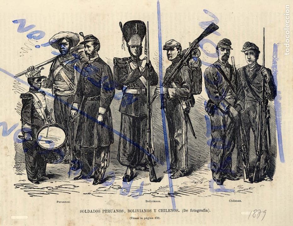 Sammeln von Zeitschriften und Zeitungen: PERUANOS-BOLIVIANOS-CHILENOS 1879 SOLDADOS ILUSTRACION HOJA REVISTA