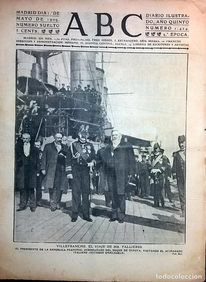 Coleccionismo de revistas y peri&oacute;dicos: DIARIO ABC 1 DE MAYO DE 1909 VILLEFRANCHE,  EL VIAJE DE MR. FALLIERES