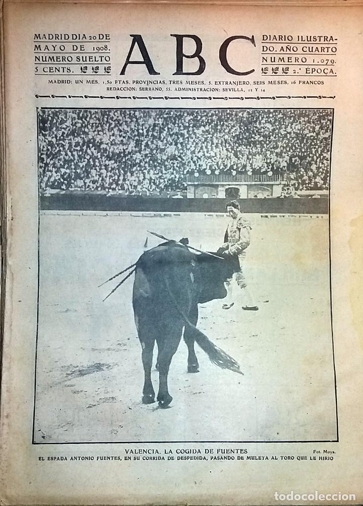 Collection Magazines and Newspapers: DIARIO ABC 20 DE MAYO DE 1908 VALENCIA, TOROS LA COGIDA DE ANTONIO FUENTES