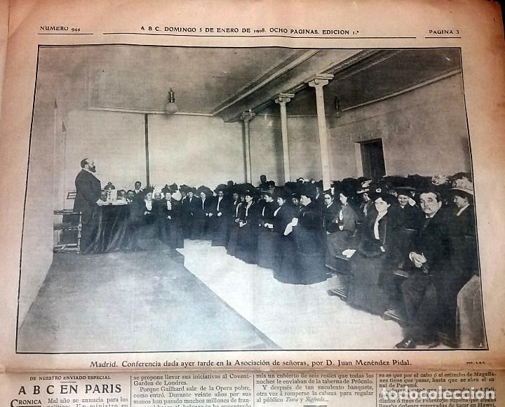 Collection Magazines and Newspapers: DIARIO ABC 5 DE ENERO DE 1908 MADRID, CONFERENCIA JUAN MEMENDEZ PIDAL. ASOCIACION SE&Ntilde;ORAS