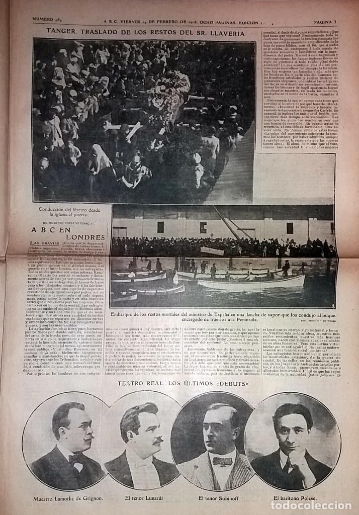 Collection Magazines and Newspapers: DIARIO ABC 14 DE FEBRERO DE 1908 TANGER TRASLADO RESTOS MORTALES SR. LLAVERIA,  TEATRO REAL