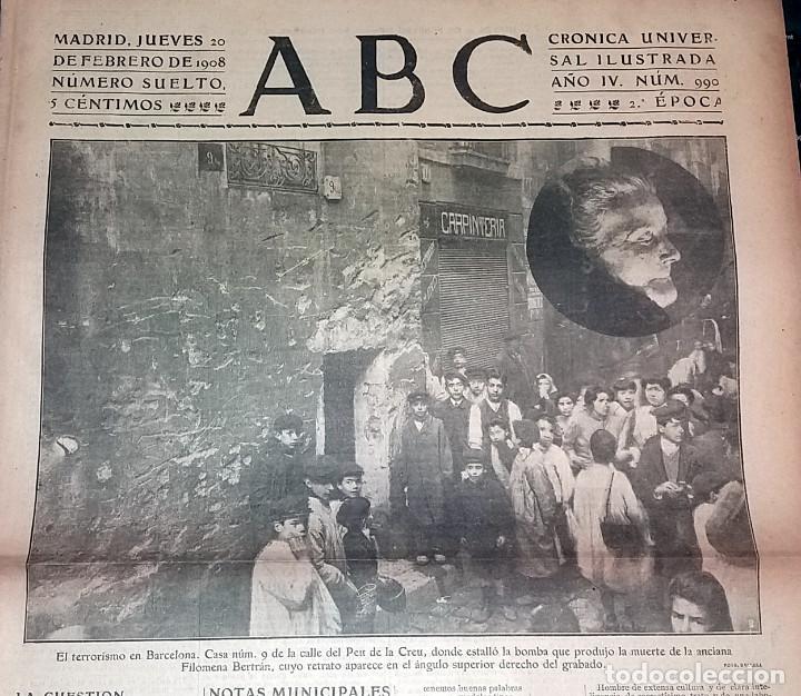 Coleccionismo de revistas y peri&oacute;dicos: DIARIO ABC 20 DE FEBRERO DE 1908 TERRORISMO EN BARCELONA CALLE PEU DE LA CREU. FILOMENA BERTRAN
