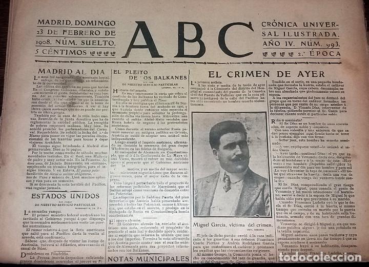 Collection Magazines and Newspapers: DIARIO ABC 23 DE FEBRERO DE 1908 MADRID ASESINATO MIGUEL GARCIA. VISTAS DE MONTECARLO