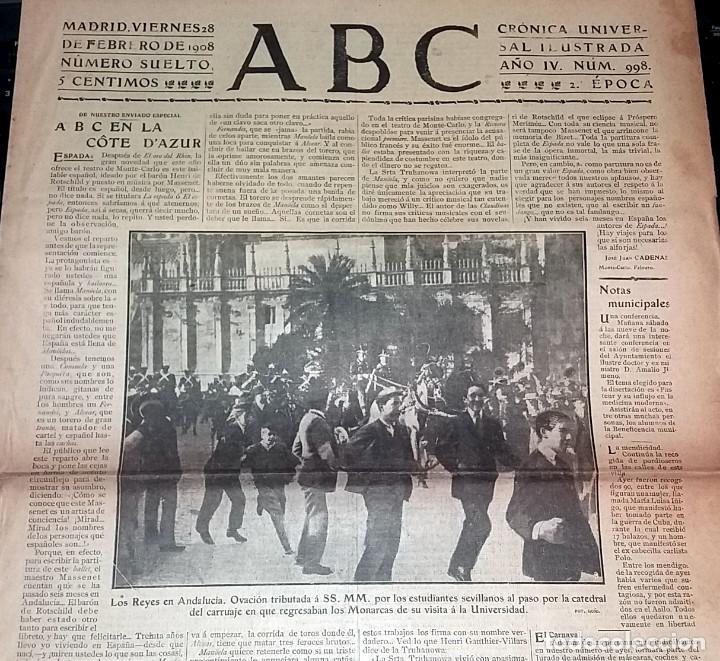 Collection Magazines and Newspapers: DIARIO ABC 28 DE FEBRERO DE 1908 LOS REYES EN ANDALUCIA UNIVERSIDAD SEVILLA