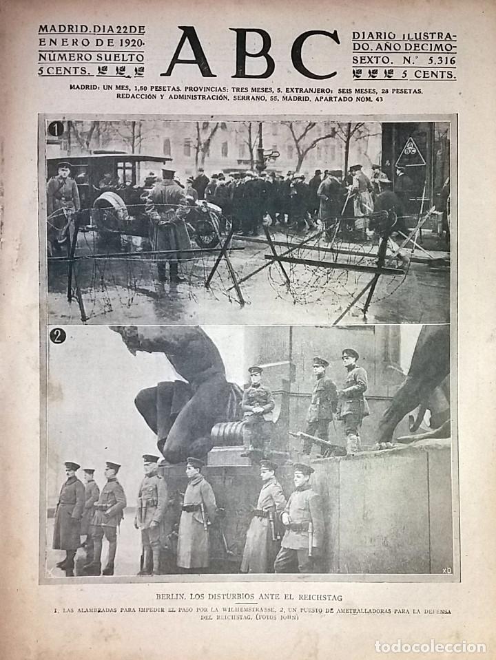Coleccionismo de revistas y peri&oacute;dicos: N&ordm; 5316 ABC 22 ENERO 1920.  BERLIN DUSTURBIOS REICHTAG. ESCOLTA CARRO TABACO. SAN SEBASTIAN