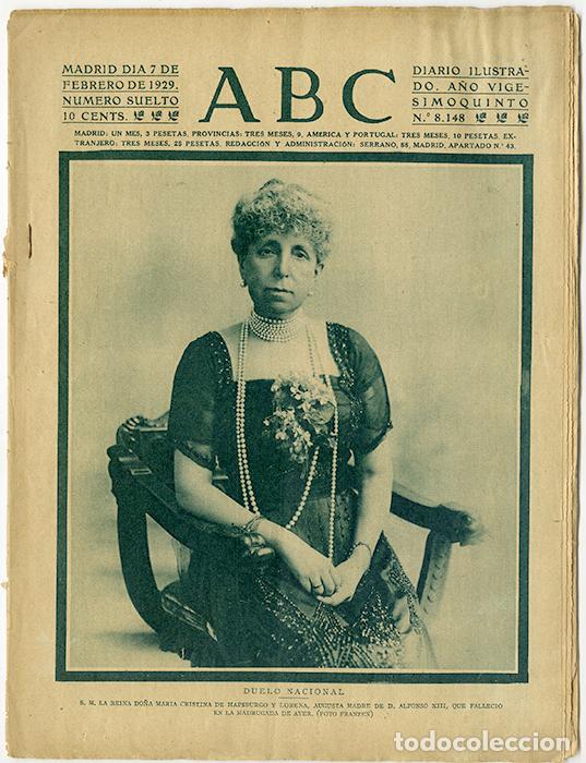 Coleccionismo de revistas y peri&oacute;dicos: ABC. A&ntilde;o 25, n&ordm; 8.148. Madrid 7 febrero 1929. Duelo Nacional. Muere la reina do&ntilde;a Mar&iacute;a Cristina