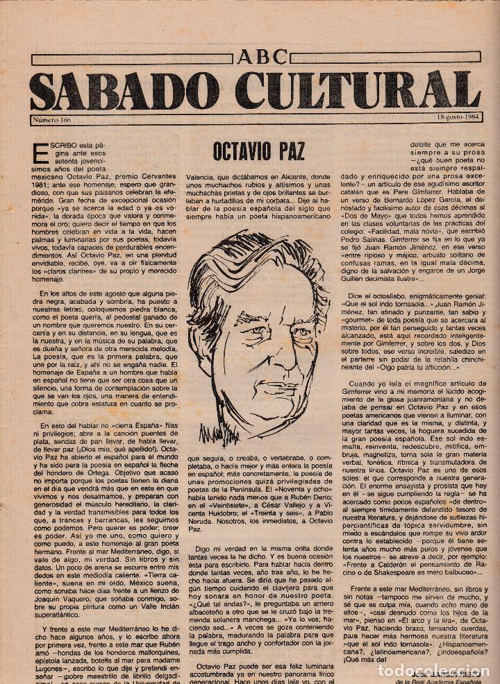 Coleccionismo de revistas y peri&oacute;dicos: ABC S&Aacute;BADO CULTURAL. N&ordm; 186, 18 AGOSTO 1984. OCTAVIO PAZ.