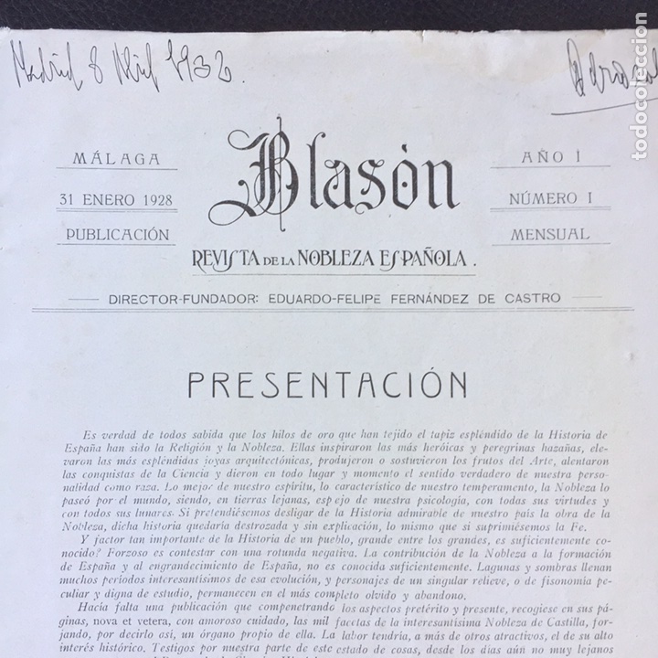 Collectionnisme de Revues et Journaux: BLASON REVISTA DE LA NOBLEZA ESPA&Ntilde;OLA A&Ntilde;O 1 NUM 1 MALAGA 1928 EDUARDO FELIPE FERNANDEZ DE CASTRO