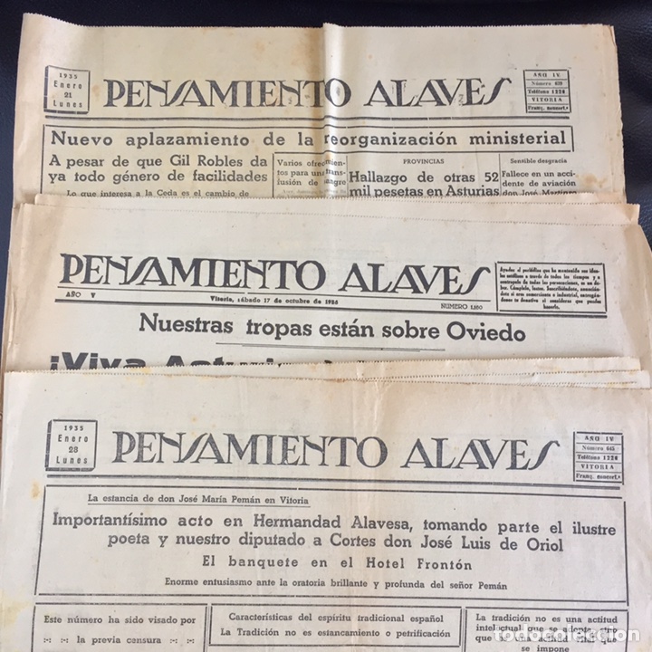 Collection Magazines and Newspapers: PERIODICO PENSAMIENTO ALAVES 3 EJEMPLARES 1935 1936 VITORIA ALAVA PAIS VASCO GUERRA CIVIL