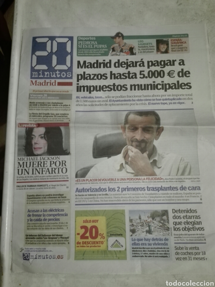 Coleccionismo de Revistas y Peri&oacute;dicos: PERI&Oacute;DICO 20 minutos. 26 junio 2009. Muere Michael Jackson