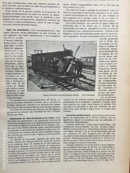 Coleccionismo de revistas y peri&oacute;dicos: VAG&Oacute;N DE FERROCARRIL CON AEROPROPULSOR STEINTZ. FERROCARRILES DEL AFRICA TROPICAL.REVISTA A&Ntilde;O 1920